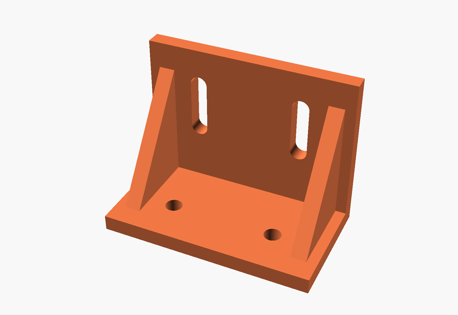CAD render of a heavy-duty 3D printed PETG mounting bracket with gussets and adjustment slots