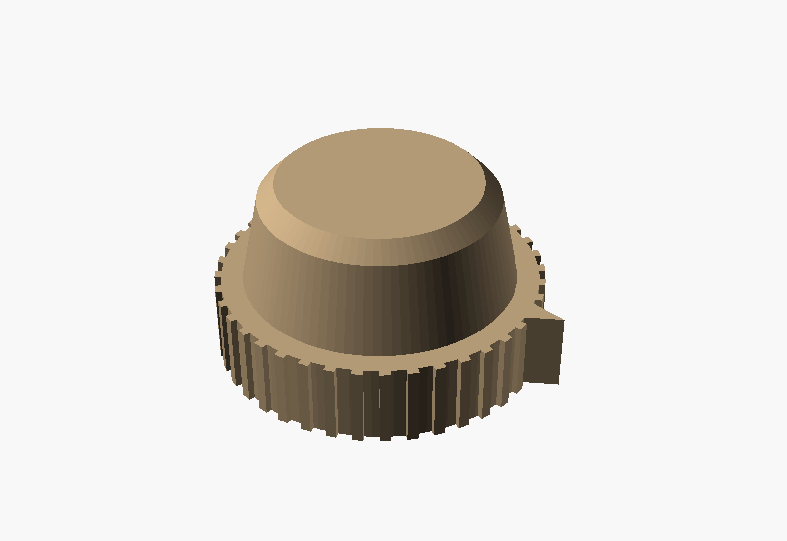 CAD render of a replacement appliance control knob with knurled grip and D-shaft bore